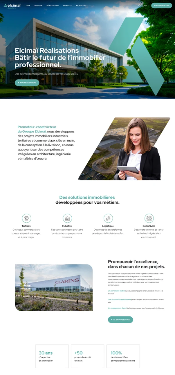 Une page web intuitive et parfaitement optimisée pour valoriser l'entreprise et les réalisation d'Elcimaï.